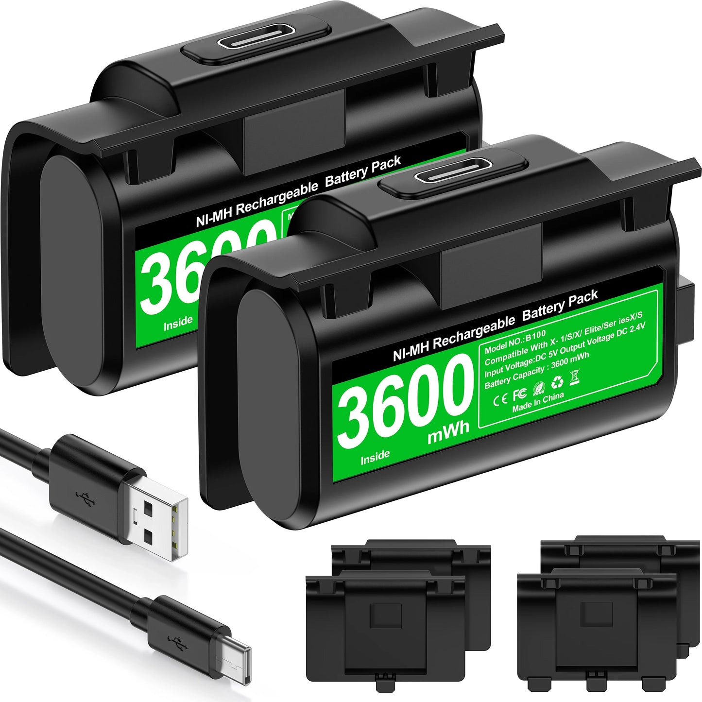 Rechargeable 2×3600mWh Battery Packs for Xbox Series X/S & Xbox One with USB Charging Cable