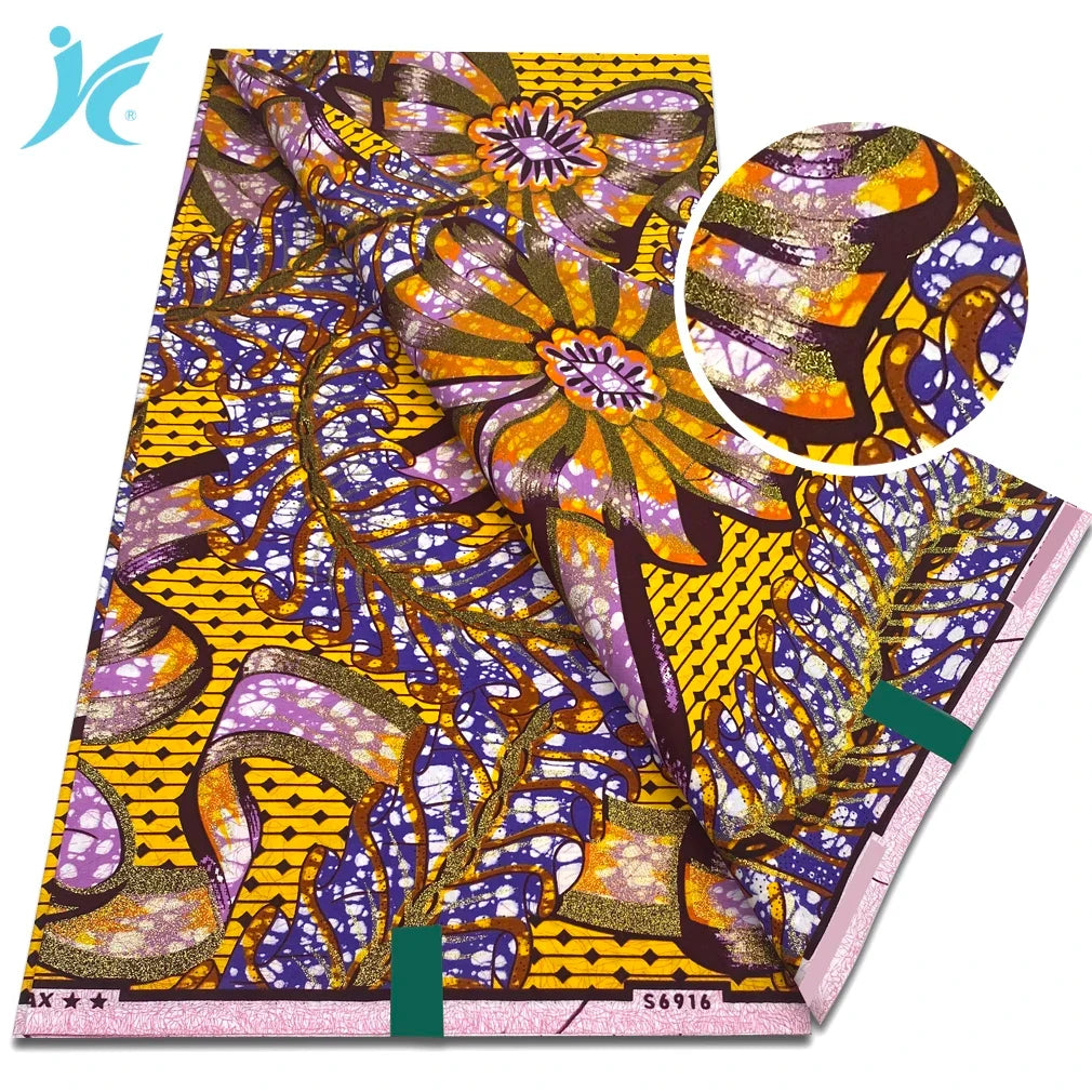 African Grand Super Golden Wax Fabric - Soft Glitter Gold Ankara Batik Print 6 Yards