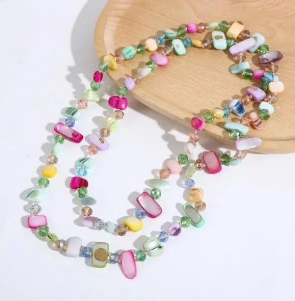 Bohemian Natural Stone Necklace - Handmade Double Layer Crystal Bead Long Chain Jewelry Gift for Women