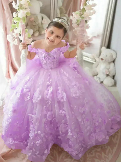 Pink Flower Girl Dress - 3D Floral Applique Pearl Tulle Gown for Weddings & Parties