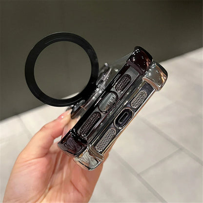 Luxury Plated Shockproof Magnetic Bracket for MagSafe – Clear Case with Stand Holder for iPhone 15, 16, 14, 13, 12, 11 Pro Max