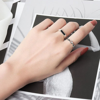 CIAXY Geometric Black Rectangular Ring - Adjustable Unisex Silver-Tone Fashion Jewelry