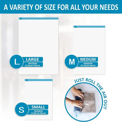 Travel Roll-Up Compression Bags — Reusable Vacuum Storage Luggage Bags, No Air Pump Needed