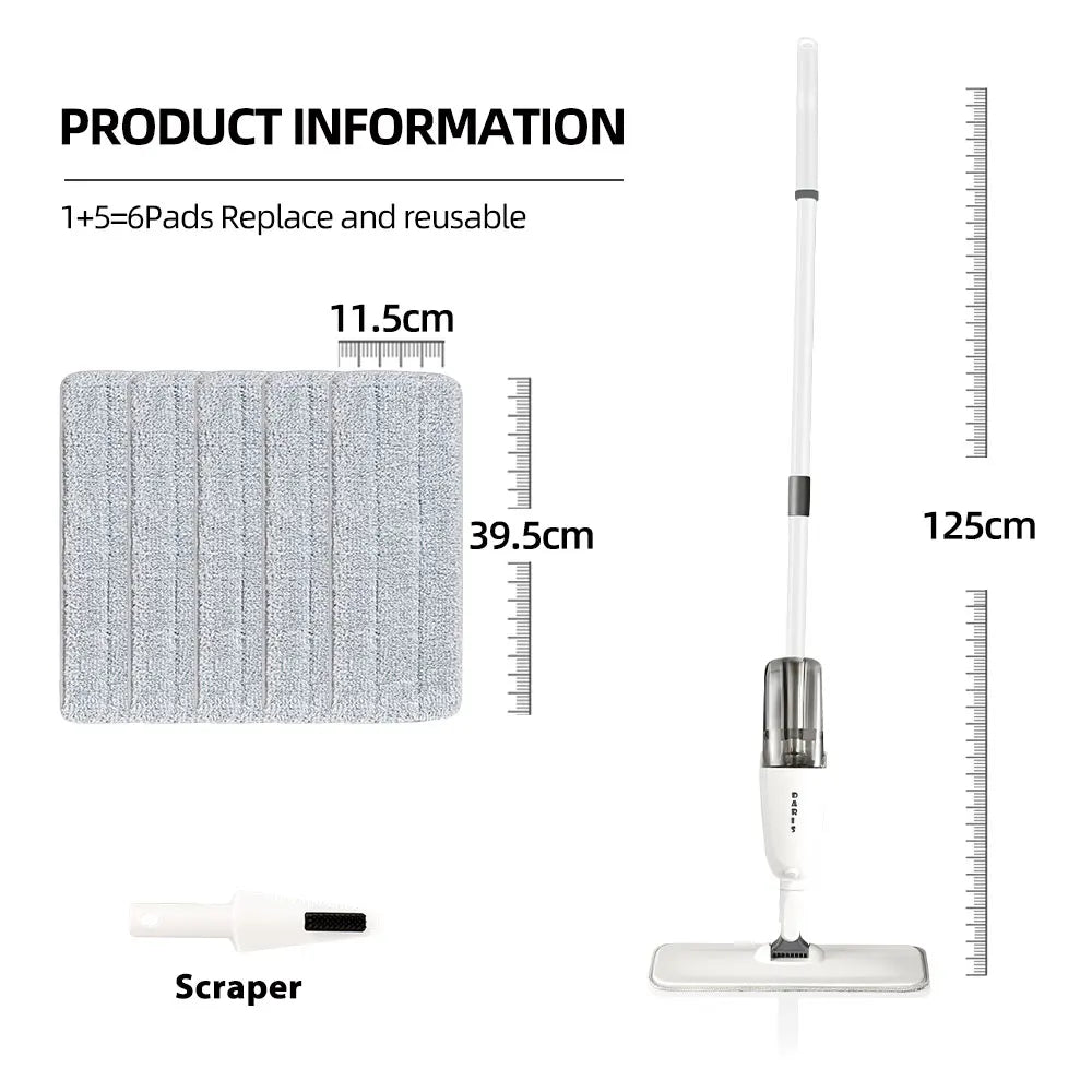 DARIS 360° Spray Flat Mop — Reusable Microfiber Pads with 500ML Large Capacity Square Triangle Bottle