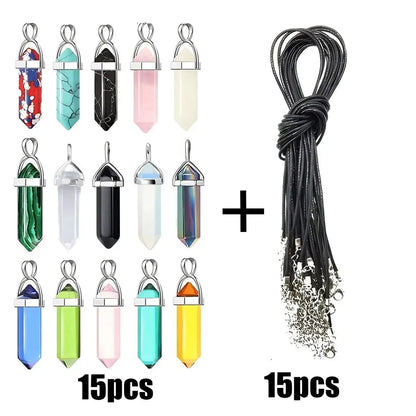 40/30PCS Hexagonal Chakra Crystal Pendant Set – Synthetic Quartz Points with Leather Necklace Chain & Storage Bag