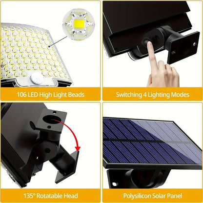 106LED Solar Floodlight with Motion Sensor - Waterproof Outdoor Light with Remote Control & 3 Modes for Patio, Garage, Backyard