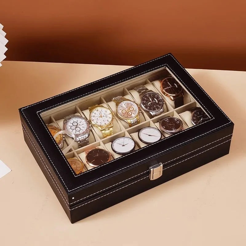 DELESYS PU Leather Watch Box – 2/3/4/5/6/8/10/12 Slot Storage Case with Lock, Traditional Style Gift Box