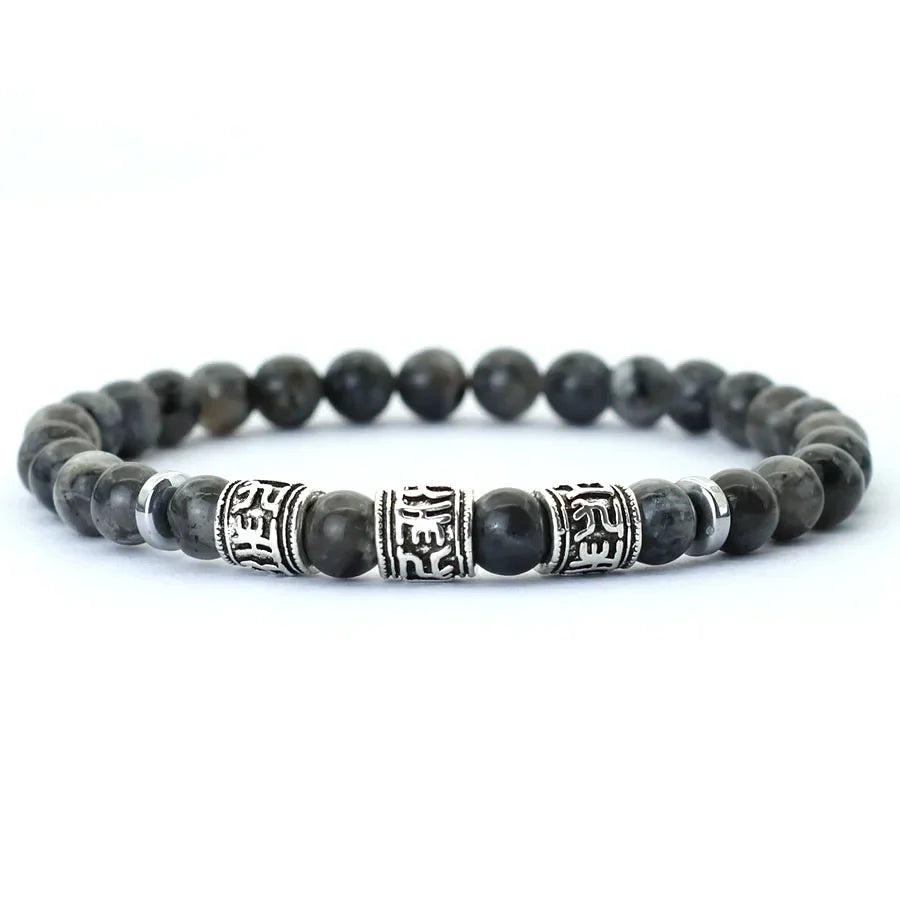 Noter Mantra Bracelet for Men – 6mm Howlite, Lava, and Tiger Eye Beads, Viking Accessories, Tibetan Bracelet