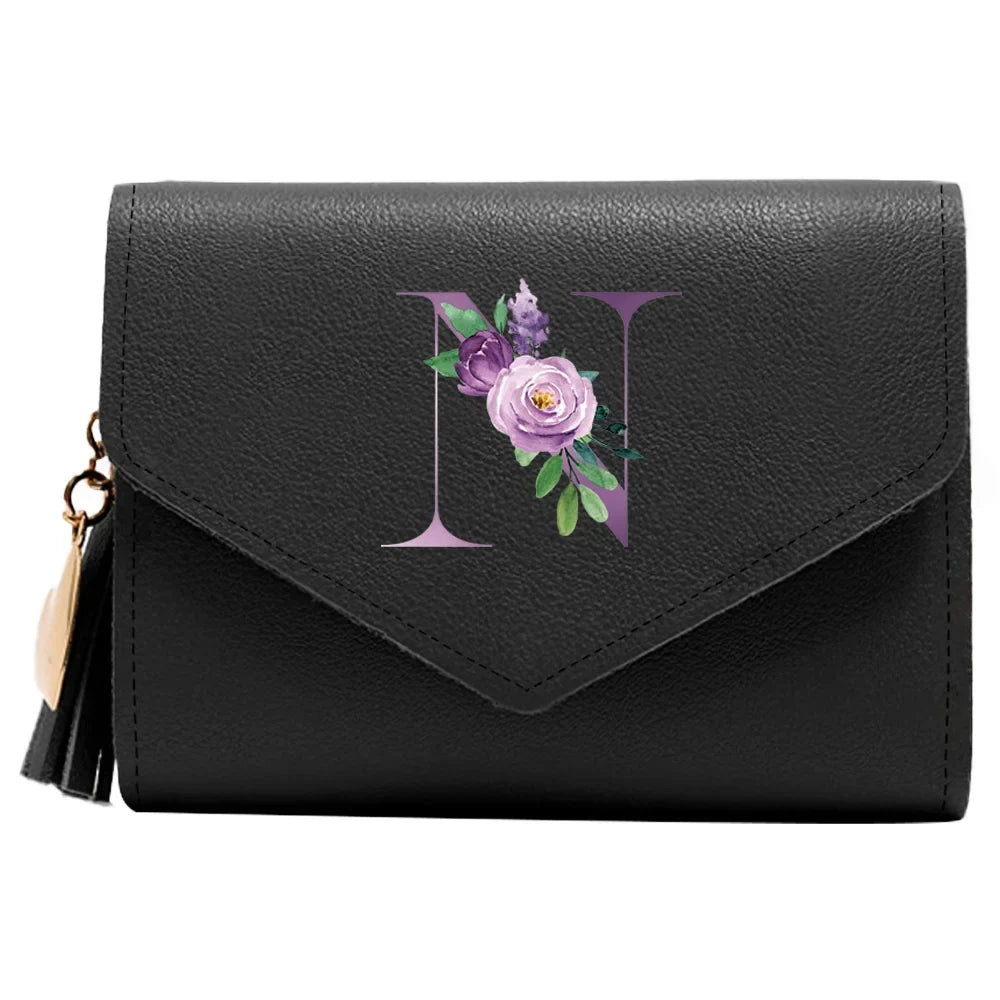 Women's RFID Leather Wallet - Compact Luxury Mini Purse With ID Window, Purple Letter Pattern & Card Holder Design