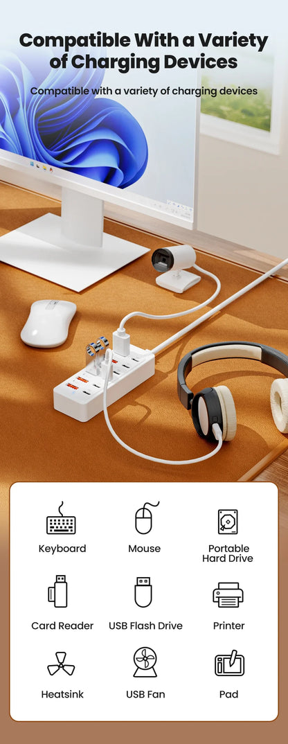 12-in-1 Power Strip & USB Charger Station — Multi-Port Wall/Desktop Adapter with USB-C Fast Charging for iPhone & Samsung