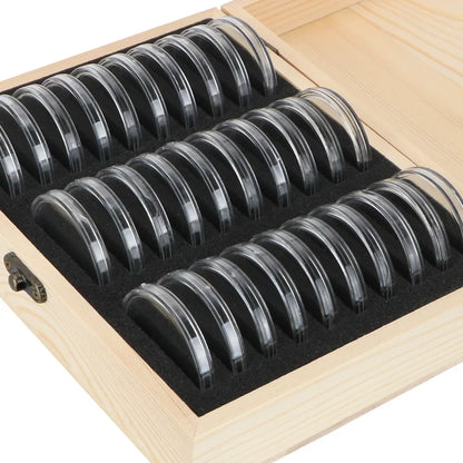 Adjustable Wooden Coin Storage Box with Pads - Commemorative Coin Collection Case for 20/30/50/100 PCS with Holder Capsules