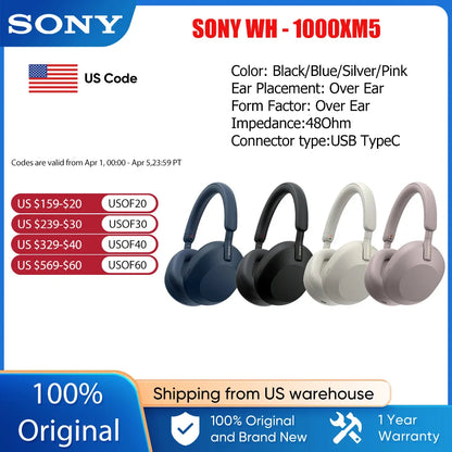 Sony WH-1000XM5 Wireless Noise Cancelling Headphones – Foldable Bluetooth Earphones with Bass Stereo Sound for Gaming & Business