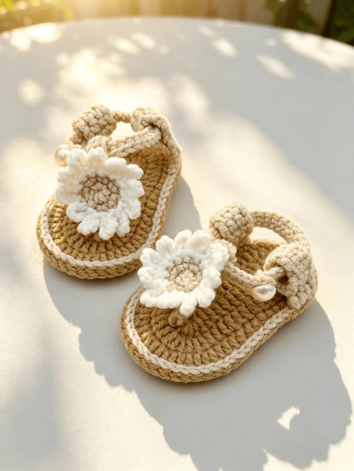 Handmade Crochet Baby Girl Sandals - Pink & Beige Flower Pearl Newborn Booties
