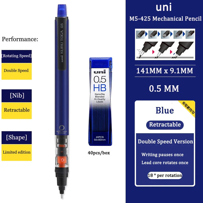 UNIStationery Automatic Mechanical Pencil — 0.5mm Anti-Slip Grip, Rotating Refillable Pen with Anti-Break Core
