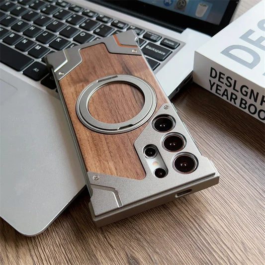 Aluminum & Wooden Magnetic Phone Case – 360° Shockproof Magsafe Cover for Samsung Galaxy S22-S25 Ultra