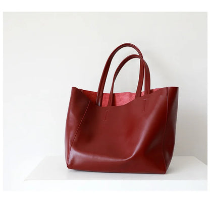Customizable Name Large Capacity Commuter Bag – 100% Genuine Leather Soft Tote, Single Shoulder & Diagonal Shopping Bag