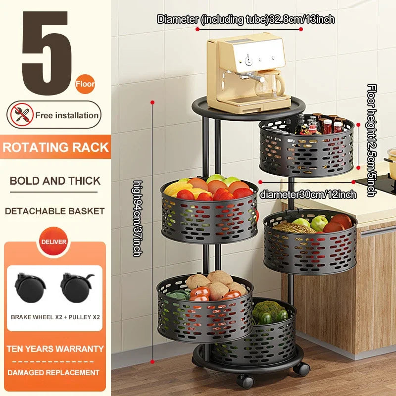 5 Layer Stainless Steel Rotating Shelf - Kitchen & Bathroom Storage Baskets, Fruit & Vegetable Rack with Wheels