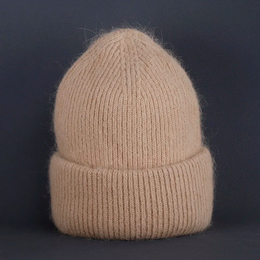 2024 Rabbit Fur Beanie – Soft Fluffy Winter Hat for Women, Angora Knitted Skullies, Warm Bonnet Knit Cap