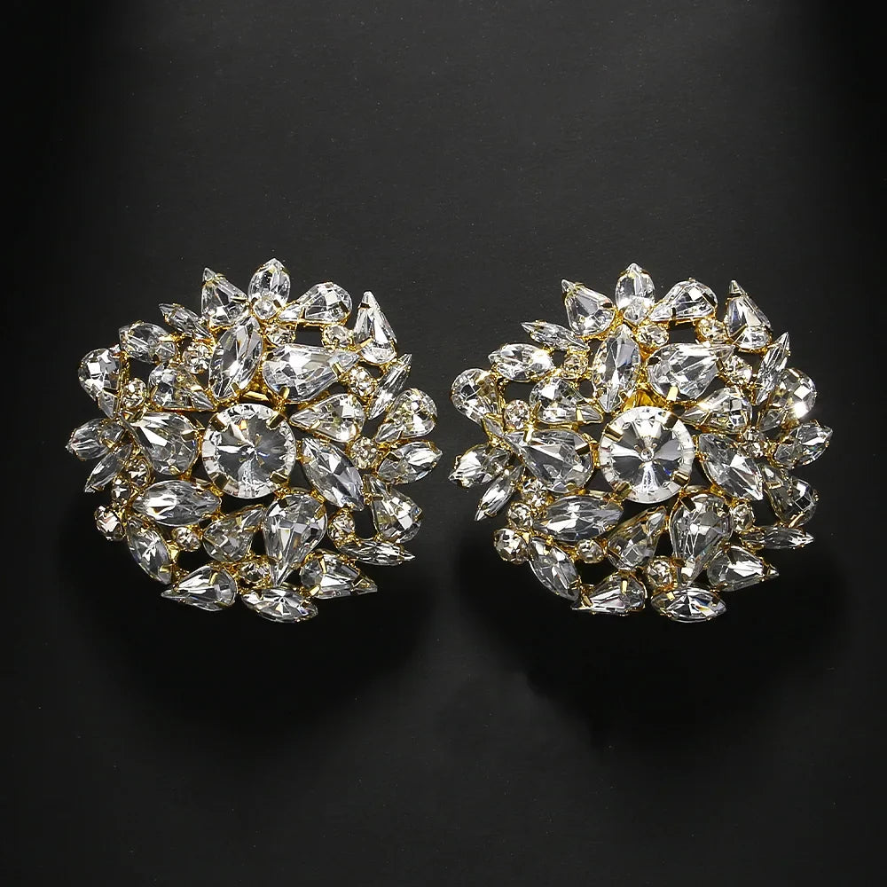 Fashion Round Clip Earrings – Geometric Bling Wedding Jewelry for Women, Rhinestone Clip-On Earrings, No Piercing Christmas Gift
