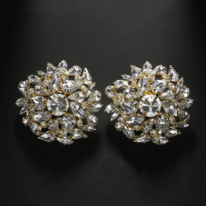 Fashion Round Clip Earrings – Geometric Bling Wedding Jewelry for Women, Rhinestone Clip-On Earrings, No Piercing Christmas Gift