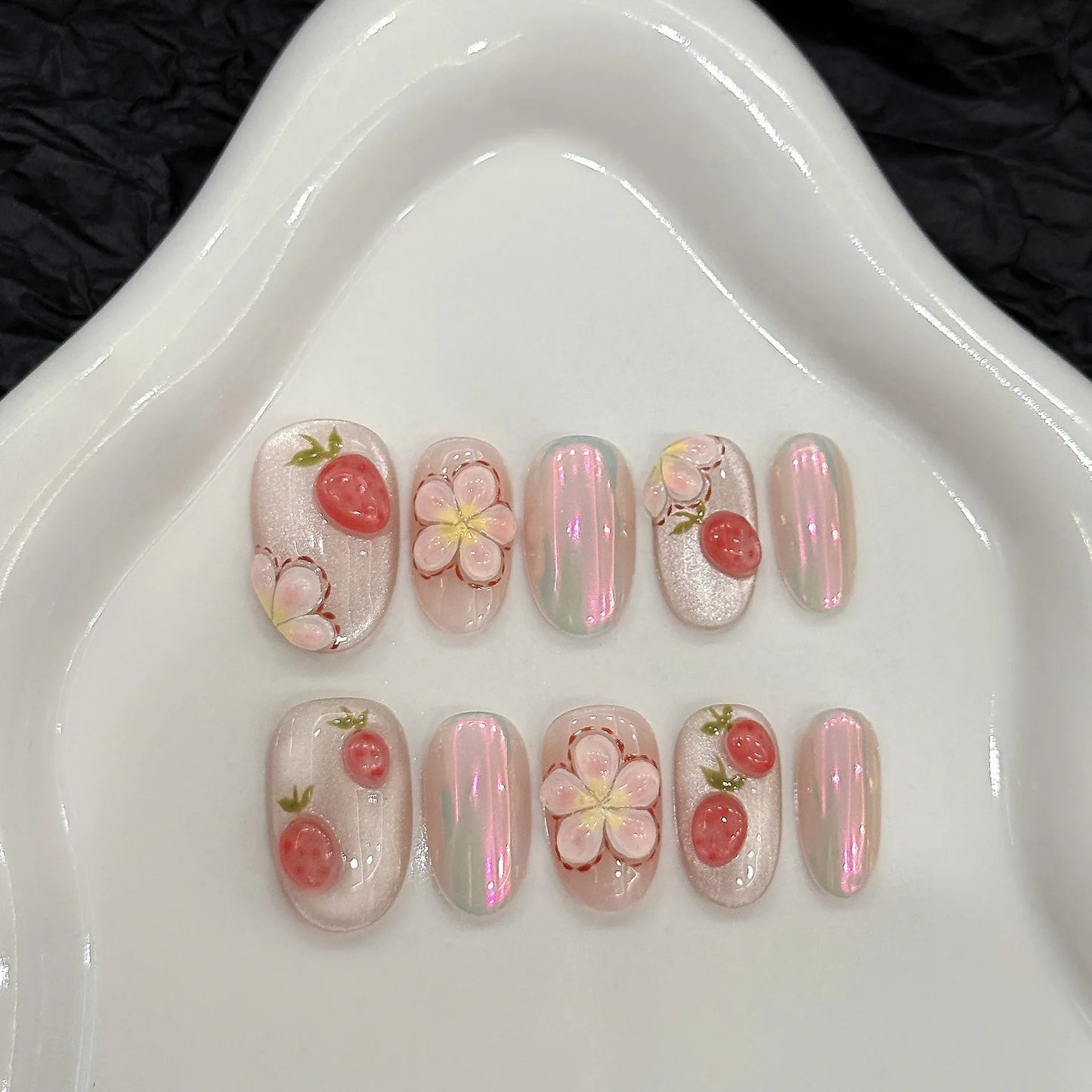 10 Pcs Short Handmade Pink Press-On Nails – Spring French Rhinestone Plaid Full Cover Fake Nail Tips