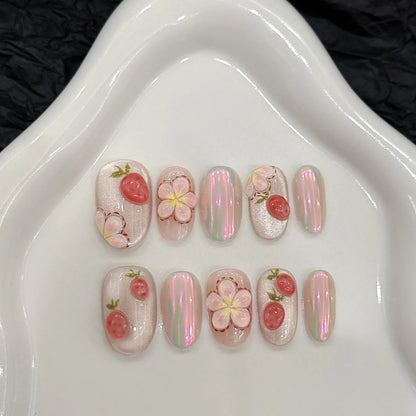 10 Pcs Short Handmade Pink Press-On Nails – Spring French Rhinestone Plaid Full Cover Fake Nail Tips