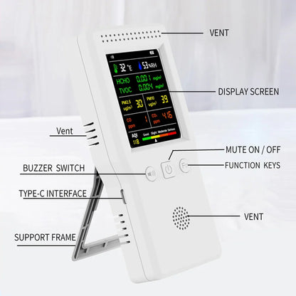 9-in-1 Air Quality Detector – Digital LCD Monitor for PM2.5, PM10, HCHO, TVOC, CO, CO2, AQI, Temperature, and Humidity