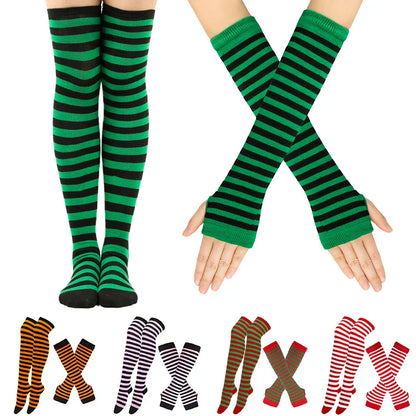 Women’s Over-Knee Long Stripe Socks & Arm Sleeve Gloves – Cute Plus Size Thigh High Cotton Socks