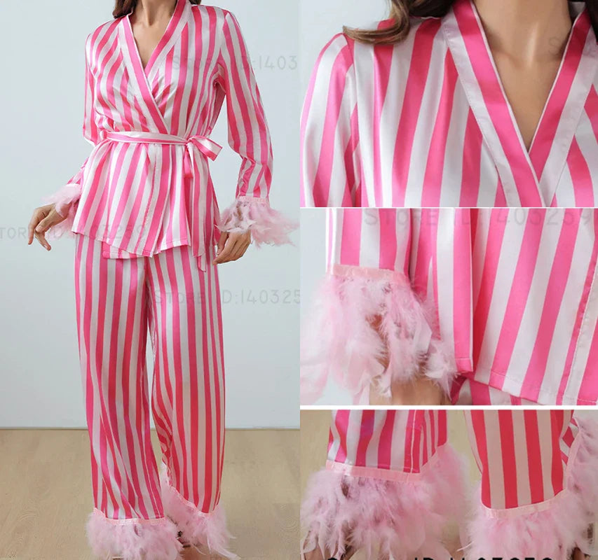 Women’s Pink Striped Pajamas Set – Satin Long Sleeve Loungewear & Loose Casual Home Wear