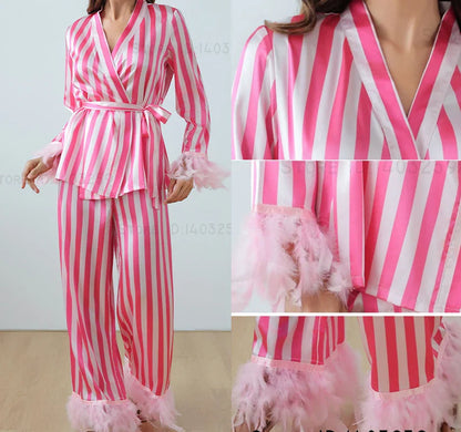 Women’s Pink Striped Pajamas Set – Satin Long Sleeve Loungewear & Loose Casual Home Wear