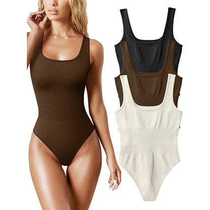 GUUDIA Ribbed Tummy Control Jumpsuit – Light Compression Daily Shaper Bodysuit with Open Crotch Shapewear Design