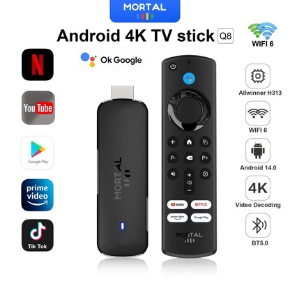 Mortal Q8 Android TV Stick Global Version – Android 14, 8K/4K Streaming, WiFi 6, Voice Remote, Netflix & YouTube Compatible