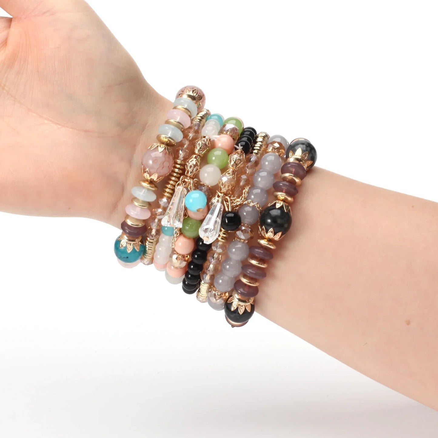 Bohemian Stackable Bead Bracelets for Women - Multilayered Pendant Charm Stretch Bangles