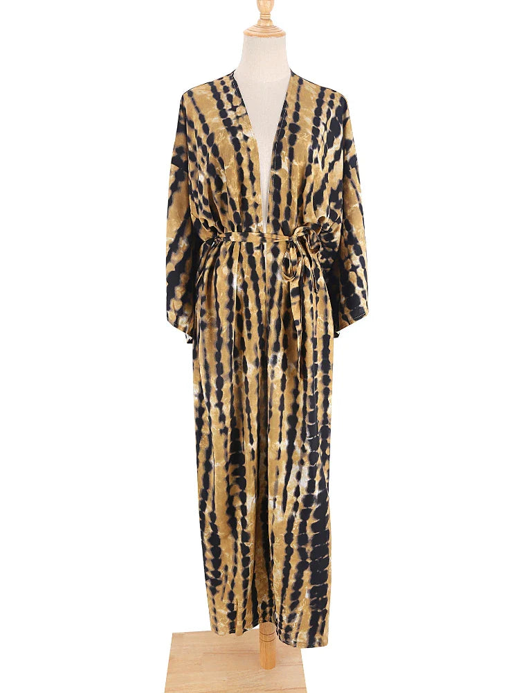 Tie-Dye Bikini Cover Up Kimono – Bohemian Beach Swimsuit Cape Pareo Dress with Belted Wrap Style Summer Swimwear Cover-Up