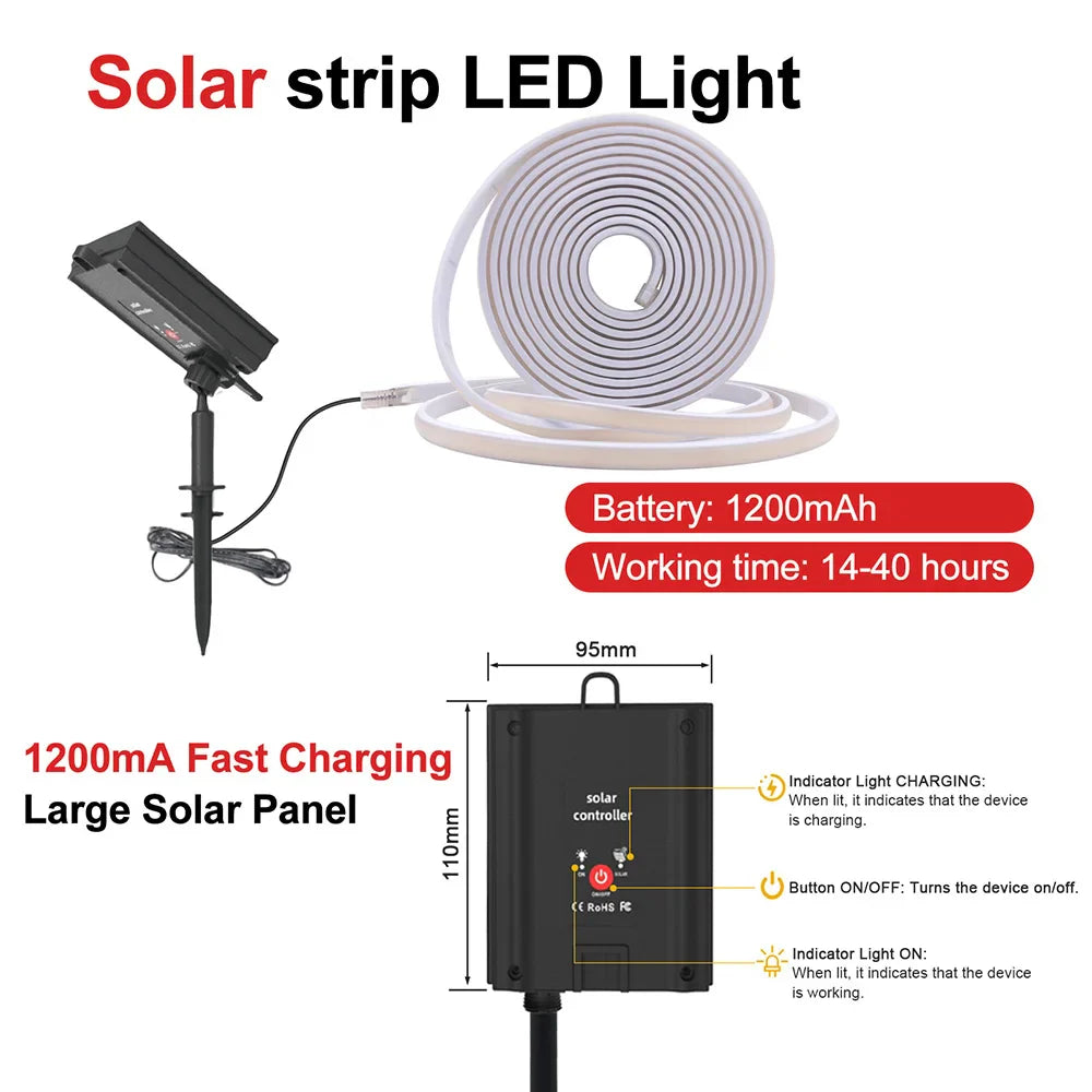 Solar COB LED Strip Light - 320 LEDs/m, DC 24V, Flexible, Waterproof, Warm Natural White - Available in 0.5m, 1m, 2m, 5m for Garden Decoration