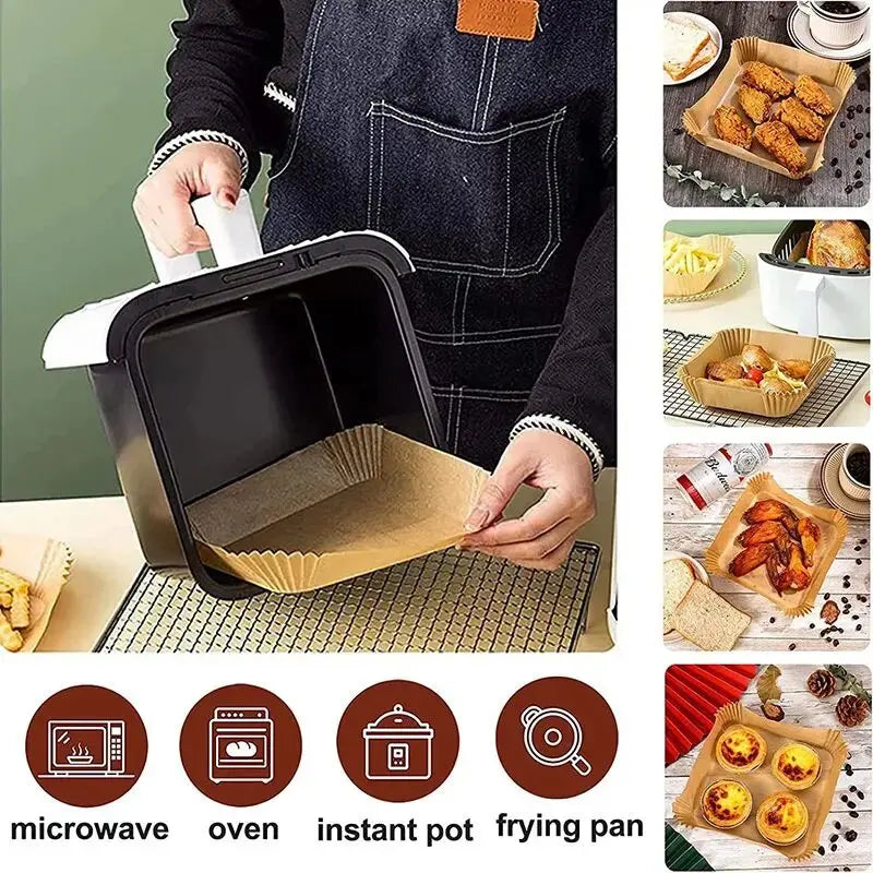 50pcs Disposable Air Fryer Paper Liners – 23CM Oil-Proof and Water-Proof Cooking Trays for Air Fryers and Baking