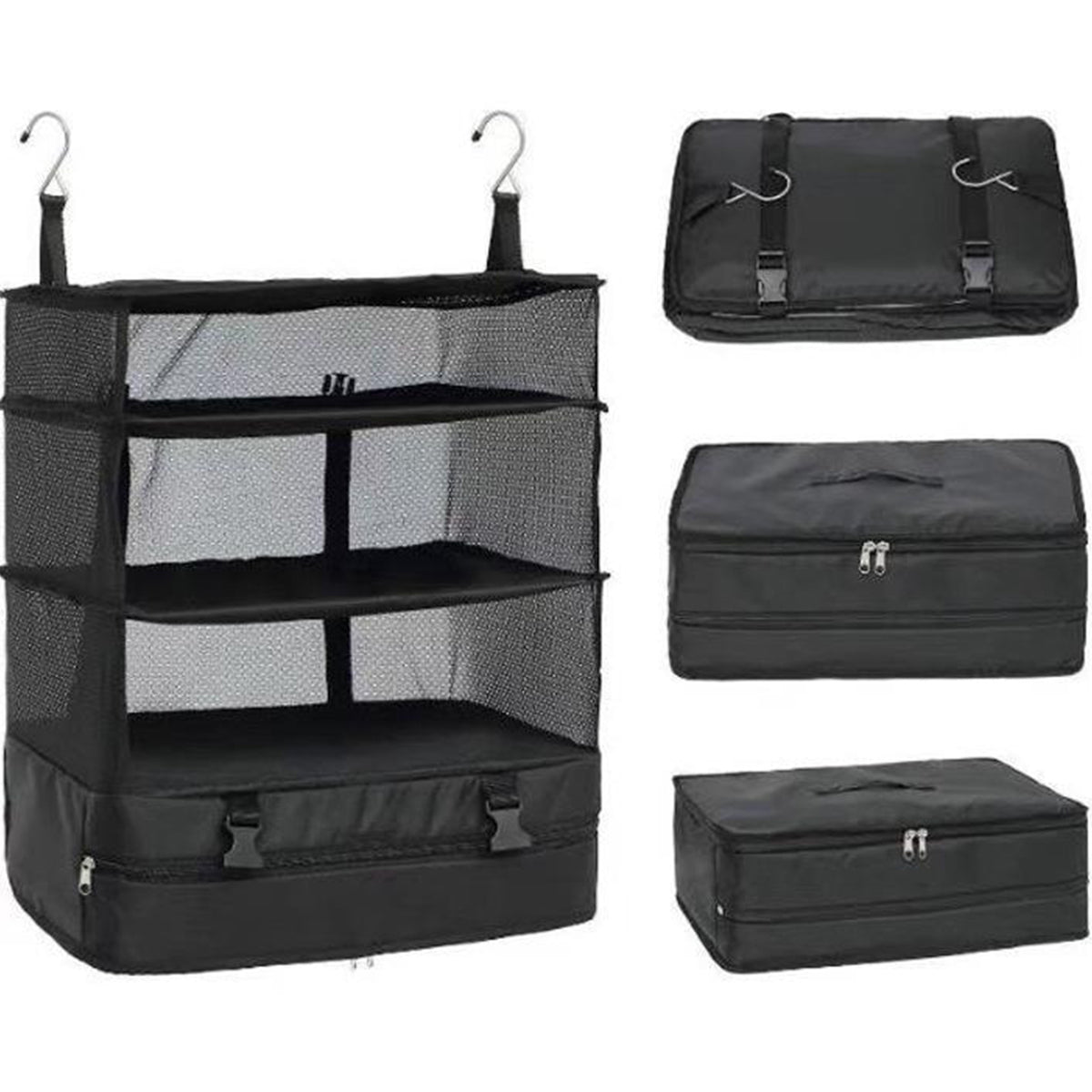 Portable Travel Luggage Organizer – 3-Shelf Collapsible Hanging Closet & Packing Cube Storage Bag