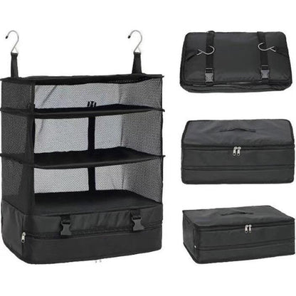 Portable Travel Luggage Organizer – 3-Shelf Collapsible Hanging Closet & Packing Cube Storage Bag