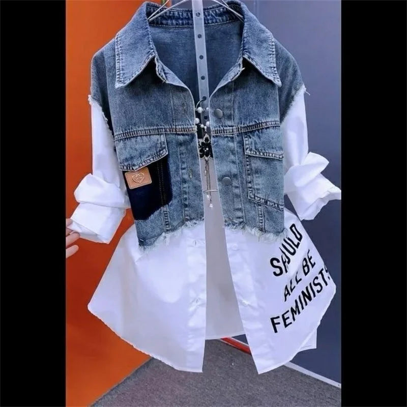 Women’s Denim Jacket – 2025 Casual Fashion, Fake Two Denim Shirts with Striped Stitching, Spring & Autumn Coat