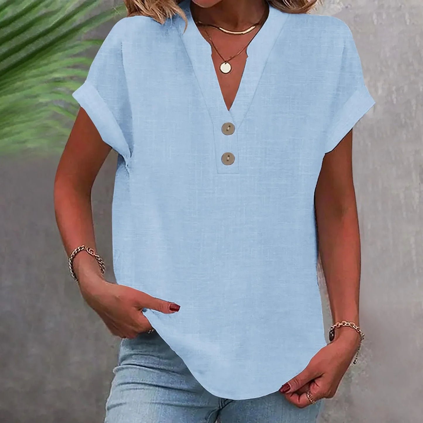 Women’s Cotton Linen Button-Down V-Neck Shirt – Breathable Solid Color Summer Office Casual Top 2025