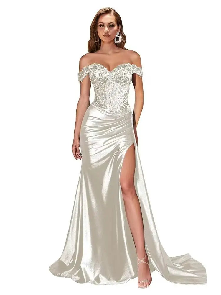 Women’s Dark Navy Off-Shoulder Prom Dress — Sweetheart Beaded Lace Corset Evening Gown with High Side Slit 2025