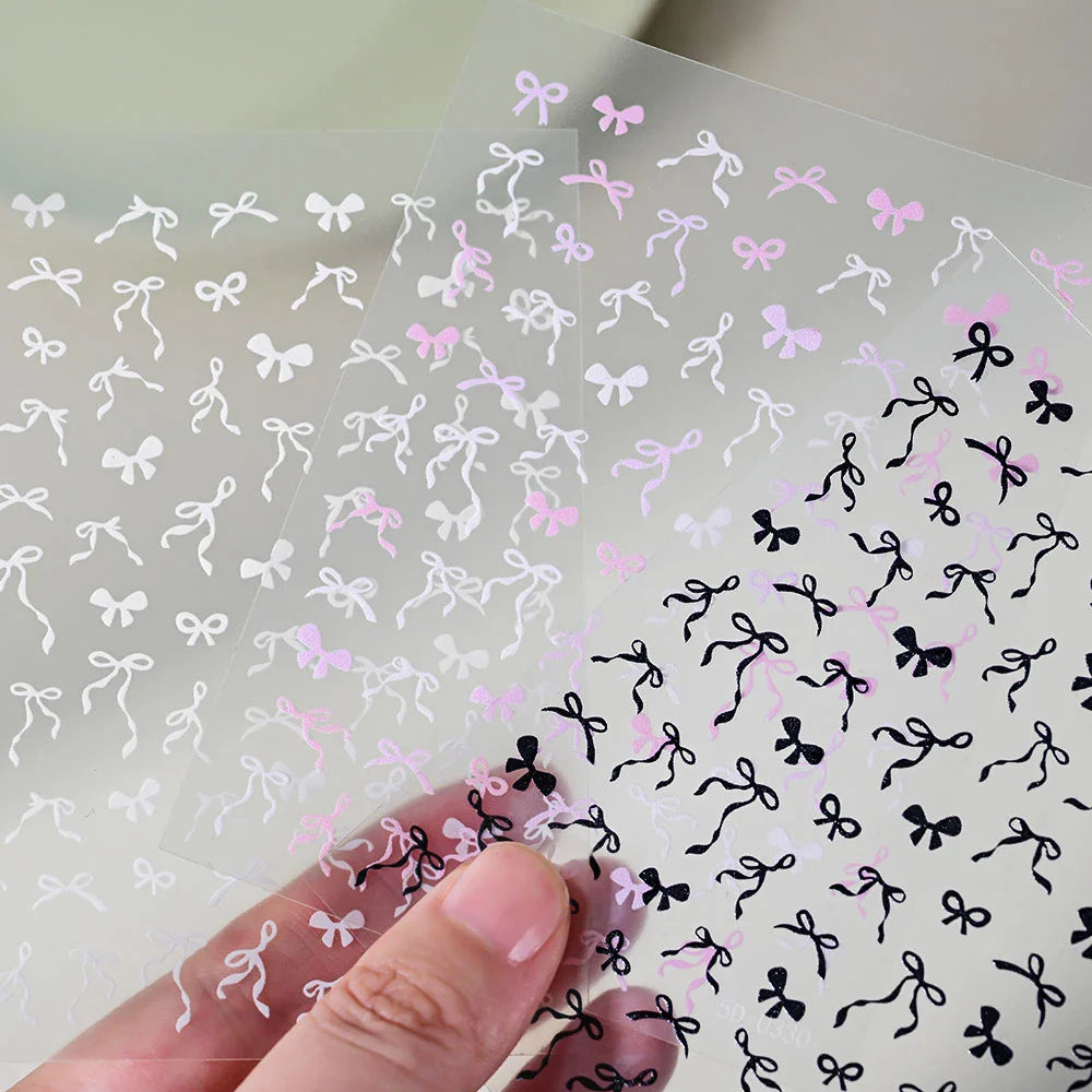 5D Pink & White Bowknot Nail Stickers – Self-Adhesive Kawaii Ribbon Nail Art Decals for DIY Manicure & Nail Decoration