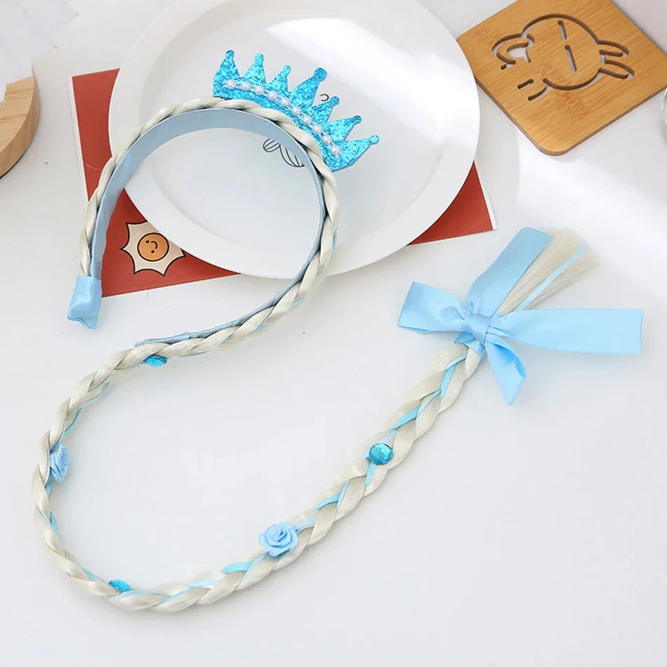 Girls Elsa Cosplay Headband - Snowflake Crown & Braid Hair Accessory, Princess Bow Hair Ornament