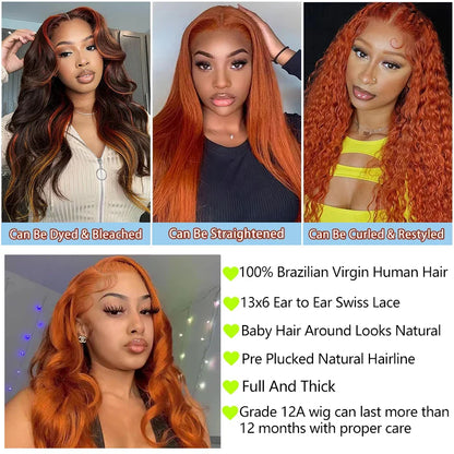 Ginger Orange Lace Front Wig – 13x6 Body Wave Human Hair Wig, #350 Colored, Pre-Plucked, 200% Density