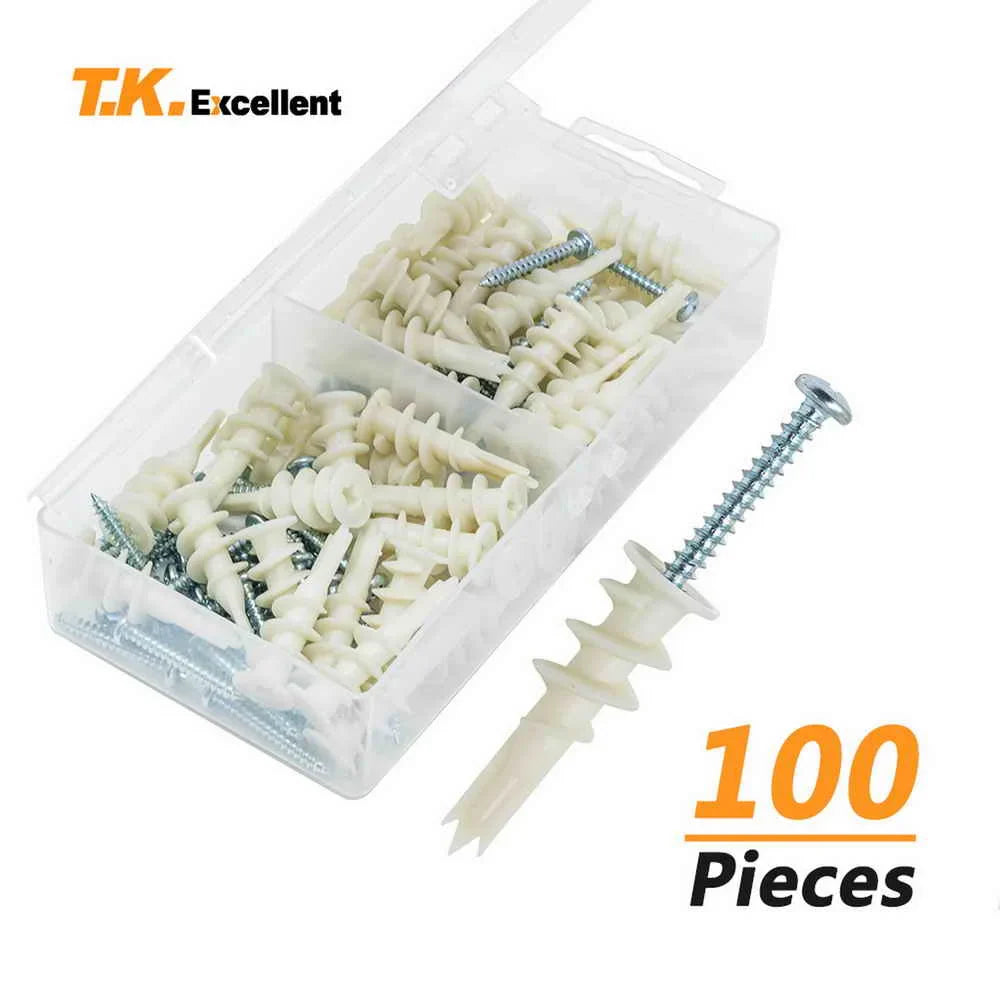 100Pcs Nylon Drywall Ribbed Anchors with Self-Tapping Screws — Plastic Plasterboard Wall Bolts