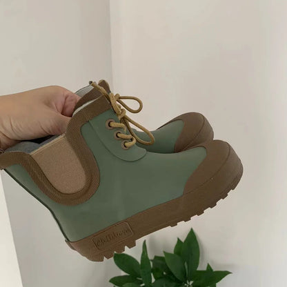 Kids Soft Rubber Rain Boots – Waterproof Lace-Up Mid-Calf Anti-Slip Shoes for Boys & Girls