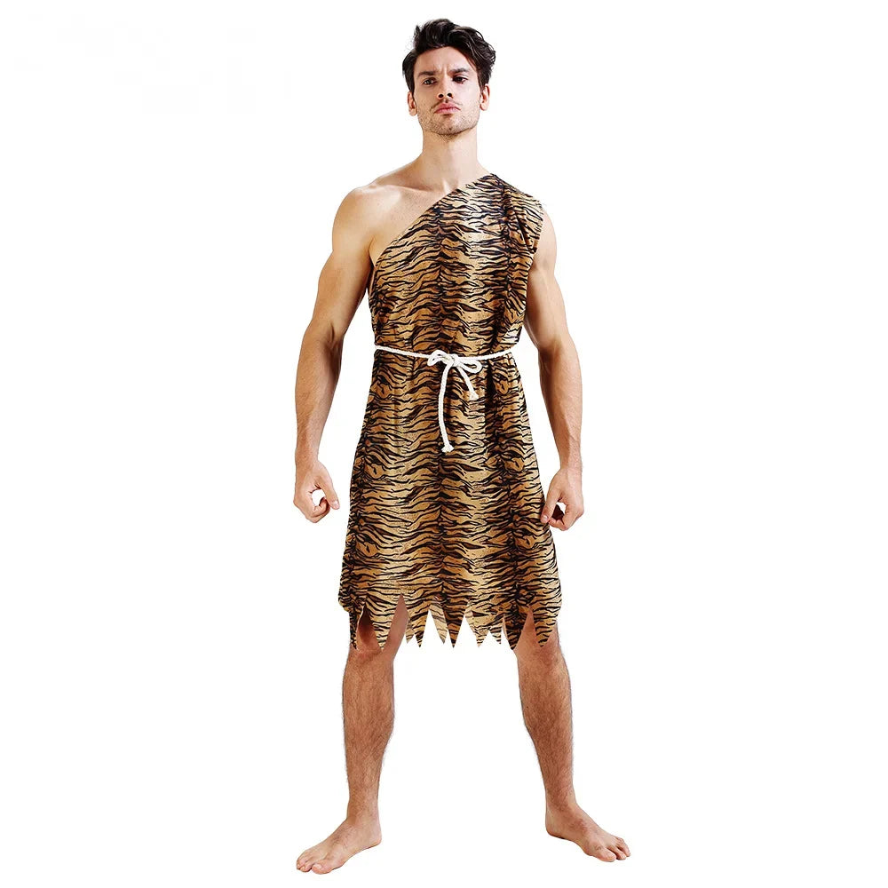 Unisex Caveman Costume - Tiger Print Prehistoric Halloween Party Cosplay Outfit