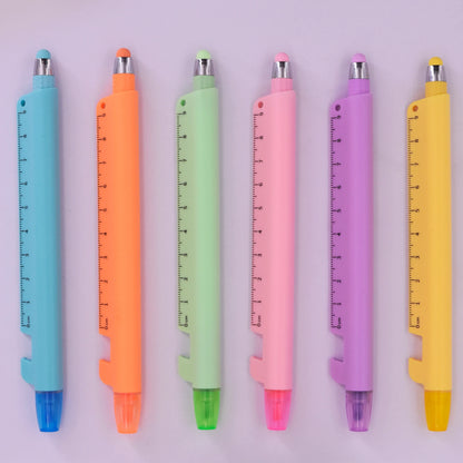 6-Piece 5-in-1 Multifunctional Ballpoint Pens - Ruler, Stylus, Phone Holder & Highlighter Set for School & Office