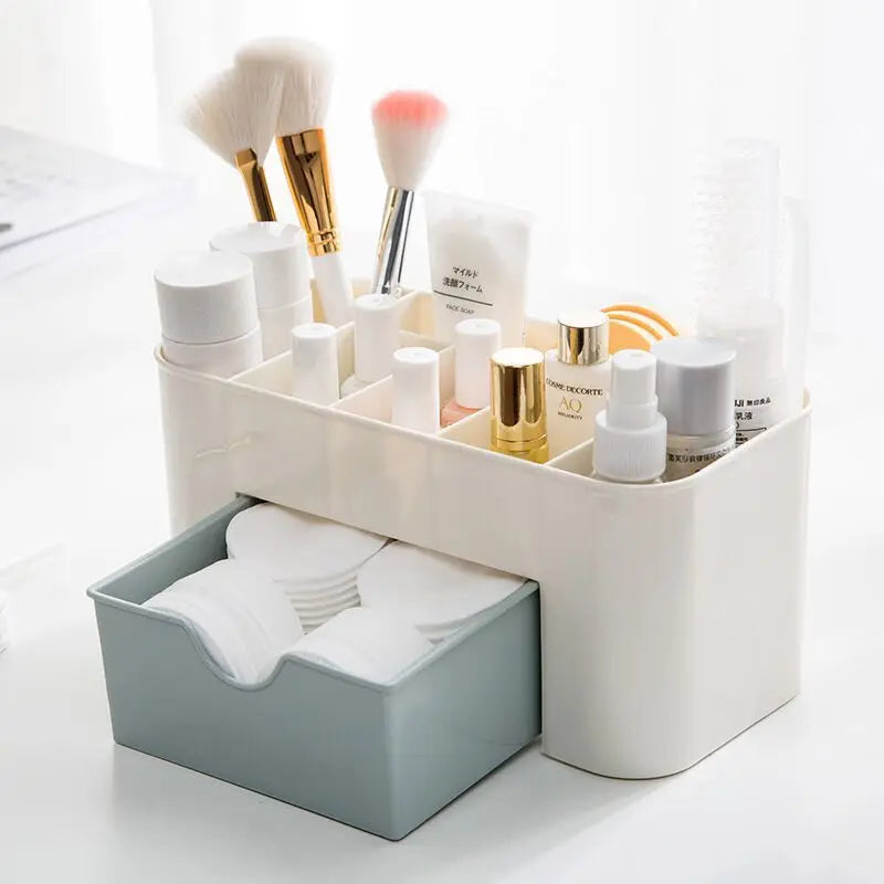 Acrylic Makeup Organizer Box - Cosmetic Storage Drawer with Lipstick, Brush & Cotton Swab Holder