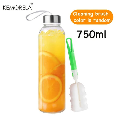 Glass Sports Water Bottle - 500/750/1000ML Juice & Coffee Bottle with Carry Strap and Cleaning Brush